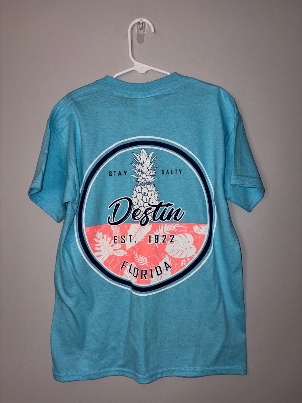 NWT Destin Florida Pineapple Graphic Tee - Aqua with Coral Accent Youth M